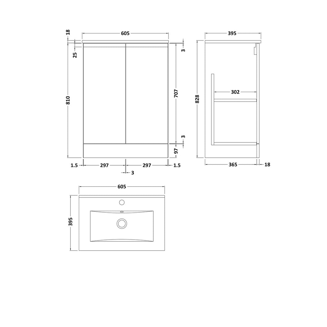Hudson Reed Urban 600mm Floor Standing 2-door Vanity Unit & Basin 2 Contemp Satin White MFC Painted Matt 828x605x395mm - JJ Building Materials