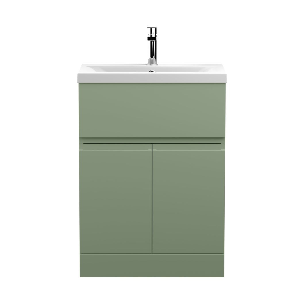 Hudson Reed Urban 600mm Floor Standing 2 Door/drawer Unit & Basin 1 Contemp Satin Green MFC Painted Matt 850x610x390mm - JJ Building Materials