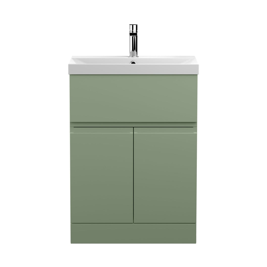Hudson Reed Urban 600mm Floor Standing 2 Door/drawer Unit & Basin 3 Contemp Satin Green MFC Painted Matt 860x610x395mm - JJ Building Materials