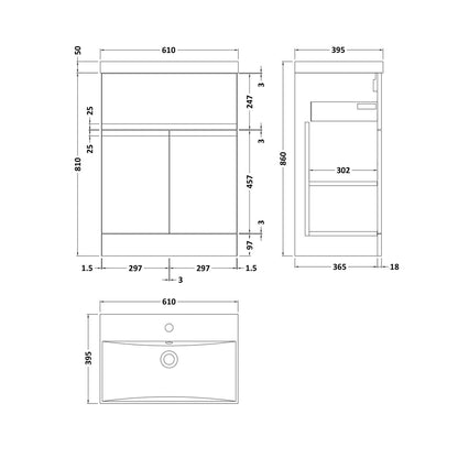 Hudson Reed Urban 600mm Floor Standing 2 Door/drawer Unit & Basin 3 Contemp Satin Green MFC Painted Matt 860x610x395mm - JJ Building Materials