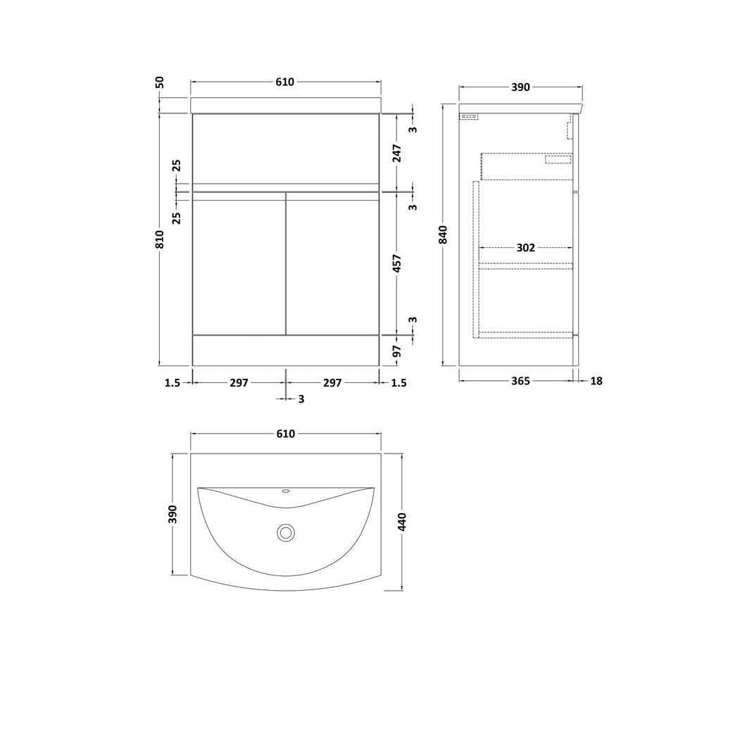 Hudson Reed Urban 600mm Floor Standing 2 Door/drawer Unit & Basin 4 Contemp Satin Green MFC Painted Matt 835x610x440mm - JJ Building Materials