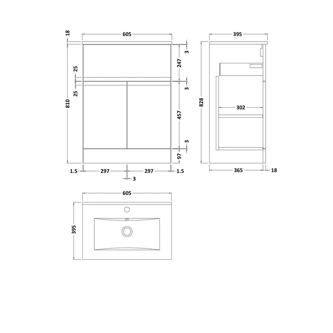 Hudson Reed Urban 600mm Floor Standing 2 Door/drawer Vanity & Basin 2 Contemp Soft Black MFC Painted Matt 828x610x390mm - JJ Building Materials