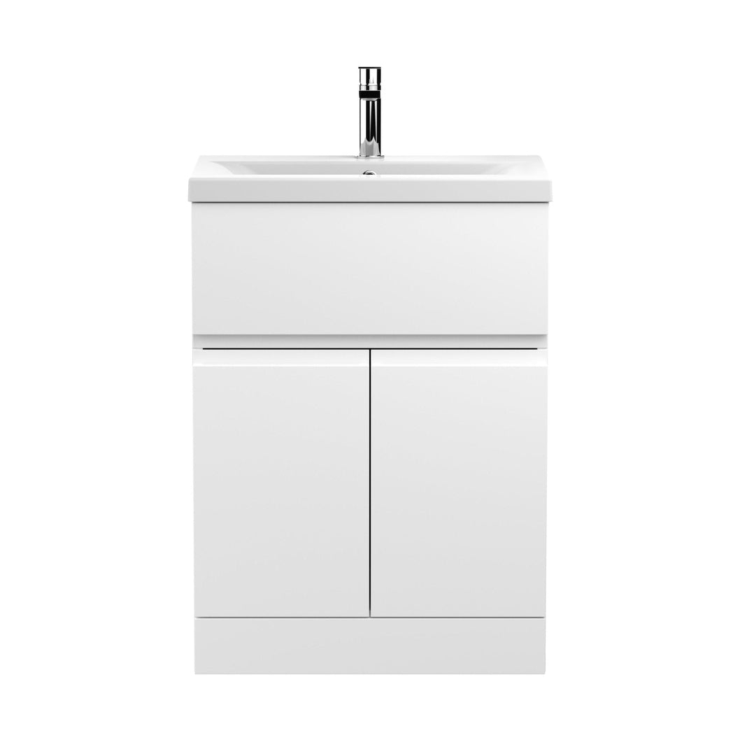 Hudson Reed Urban 600mm Floor Standing 2-door/drawer Vanity Unit & Basin 1 Contemp Satin White MFC Painted Matt 850x610x390mm - JJ Building Materials