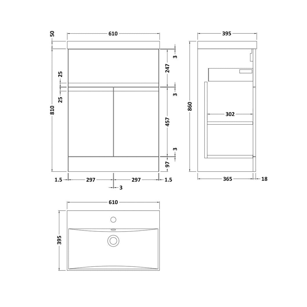 Hudson Reed Urban 600mm Floor Standing 2-door/drawer Vanity Unit & Basin 3 Contemp Satin White MFC Painted Matt 860x610x395mm - JJ Building Materials
