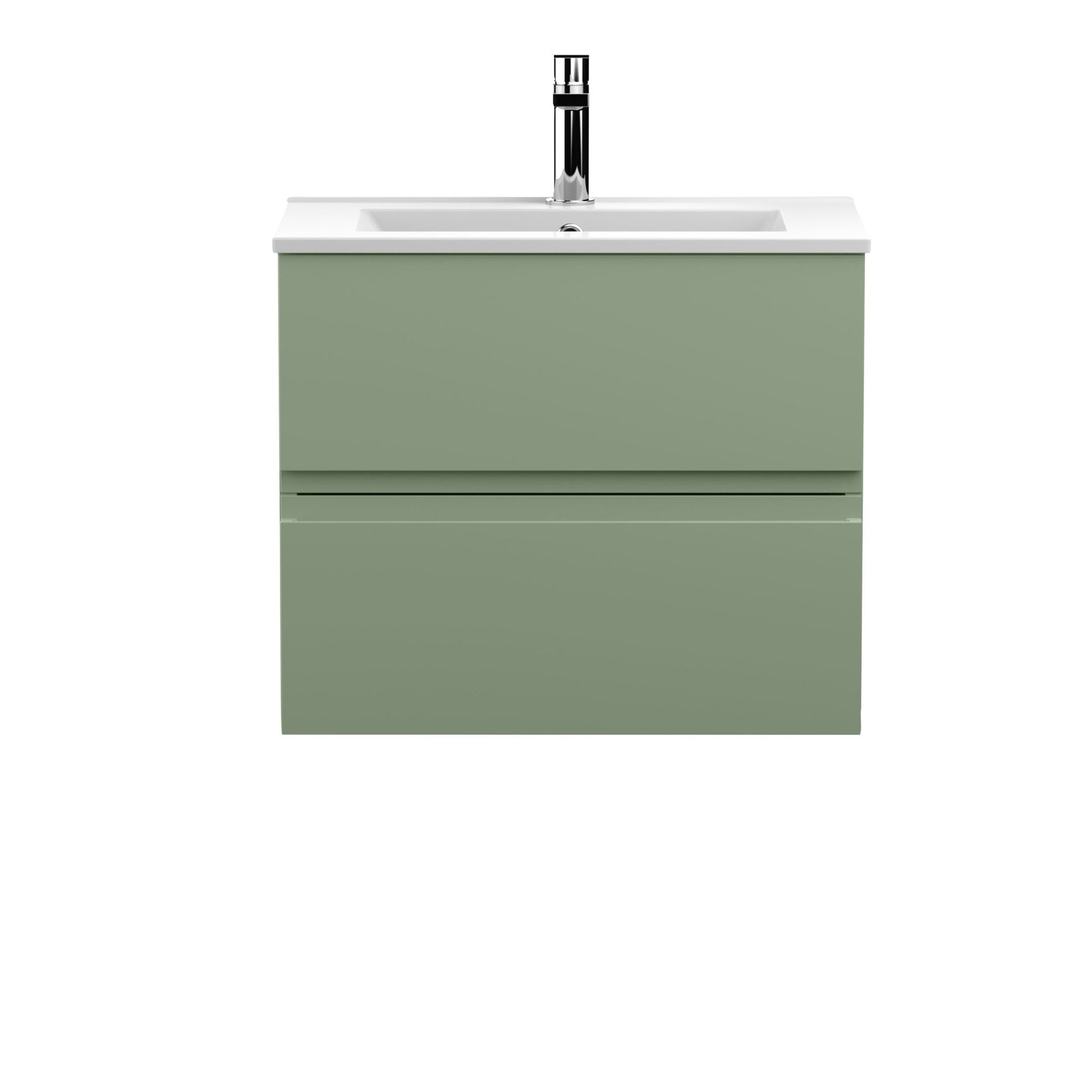 Hudson Reed Urban 600mm Wall Hung 2 Drawer Unit & Basin 2 Contemp Satin Green MFC Painted Matt 518x610x390mm - JJ Building Materials
