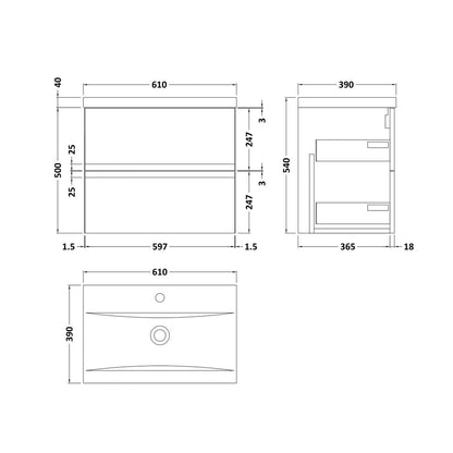 Hudson Reed Urban 600mm Wall Hung 2 Drawer Vanity & Basin 1 Contemp Soft Black MFC Painted Matt 540x610x390mm - JJ Building Materials