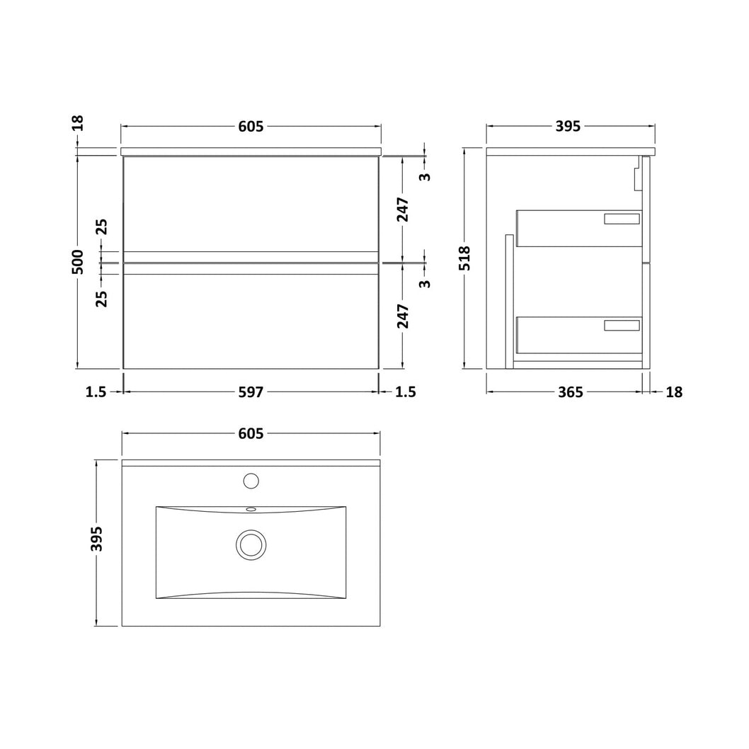 Hudson Reed Urban 600mm Wall Hung 2 Drawer Vanity & Basin 2 Contemp Soft Black MFC Painted Matt 518x610x390mm - JJ Building Materials
