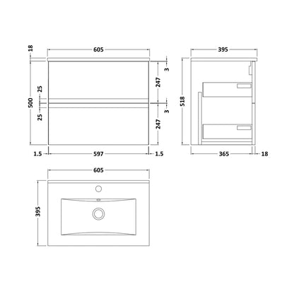 Hudson Reed Urban 600mm Wall Hung 2 Drawer Vanity & Basin 2 Contemp Soft Black MFC Painted Matt 518x610x390mm - JJ Building Materials