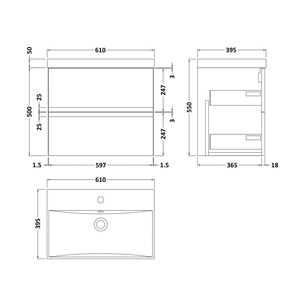 Hudson Reed Urban 600mm Wall Hung 2 Drawer Vanity & Basin 3 Contemp Soft Black MFC Painted Matt 550x610x395mm - JJ Building Materials