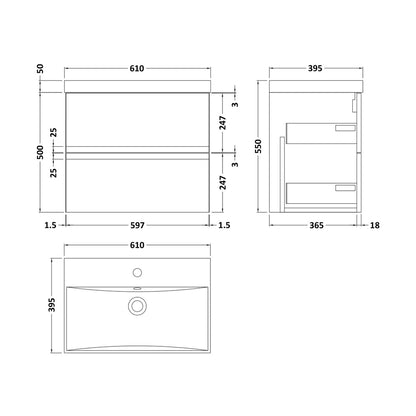 Hudson Reed Urban 600mm Wall Hung 2 Drawer Vanity & Basin 3 Contemp Soft Black MFC Painted Matt 550x610x395mm - JJ Building Materials