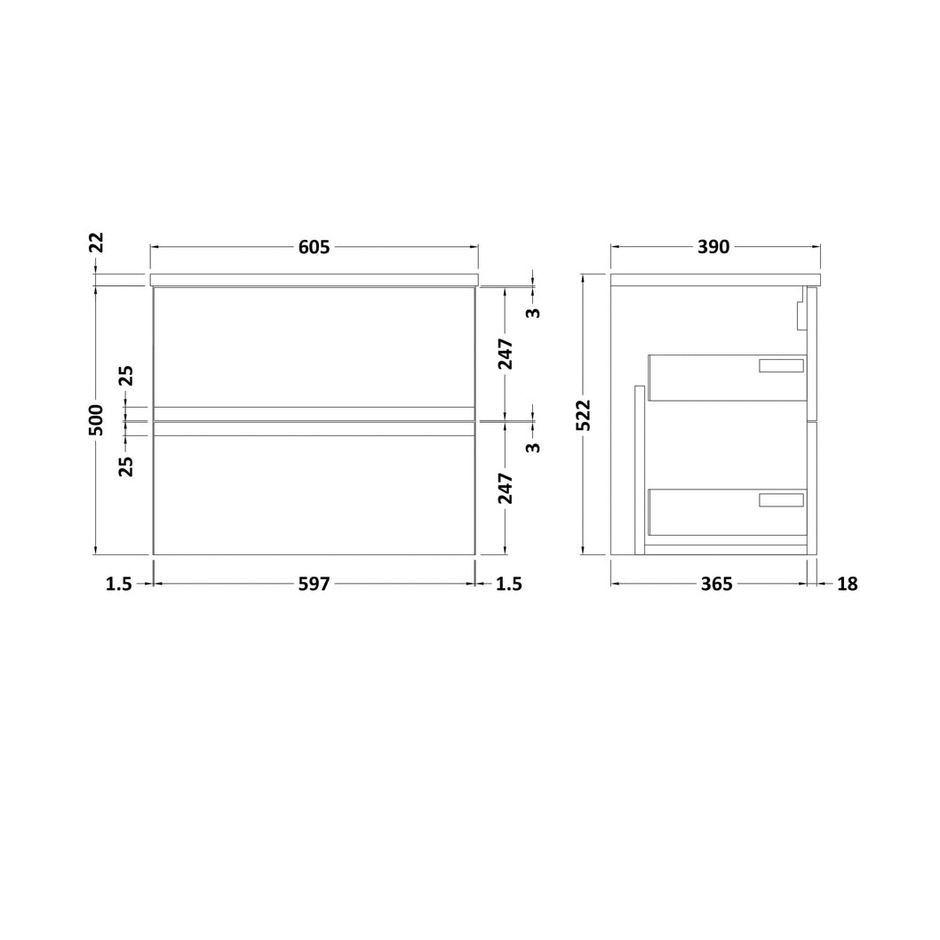 Hudson Reed Urban 600mm Wall Hung 2-drawer Vanity Unit & Laminate Worktop Contemp Satin Blue MFC Painted Matt 522x605x390mm - URB304LBG - JJ Building Materials