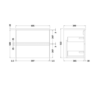 Hudson Reed Urban 600mm Wall Hung 2-drawer Vanity Unit & Laminate Worktop Contemp Satin Blue MFC Painted Matt 522x605x390mm - URB304LBG - JJ Building Materials