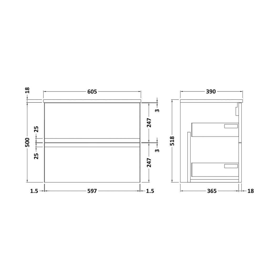 Hudson Reed Urban 600mm Wall Hung 2 Drawer Vanity & Worktop Contemp Soft Black MFC Painted Matt 518x610x390mm - JJ Building Materials