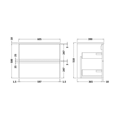 Hudson Reed Urban 600mm Wall Hung 2 Drawer Vanity & Worktop Contemp Soft Black MFC Painted Matt 518x610x390mm - JJ Building Materials