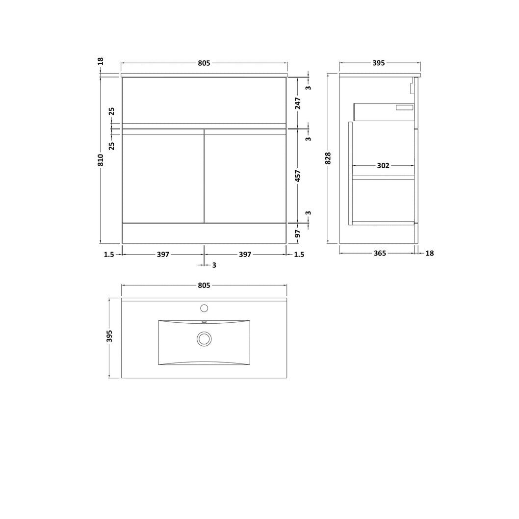 Hudson Reed Urban 800mm Floor Standing 2-door Vanity Unit & Basin 2 Contemp Satin White MFC Painted Matt 828x805x395mm - JJ Building Materials