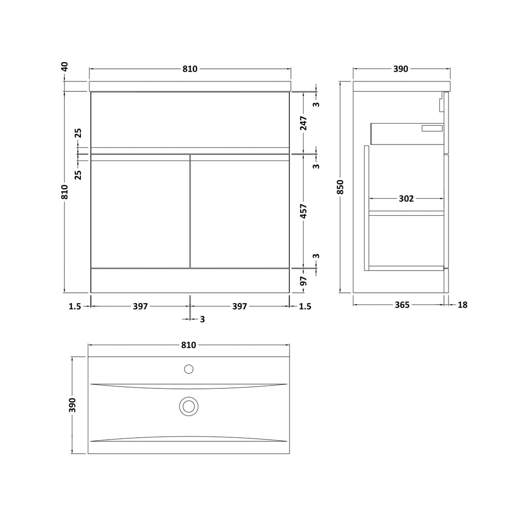 Hudson Reed Urban 800mm Floor Standing 2 Door/drawer Vanity & Basin 1 Contemp Soft Black MFC Painted Matt 850x810x390mm - JJ Building Materials