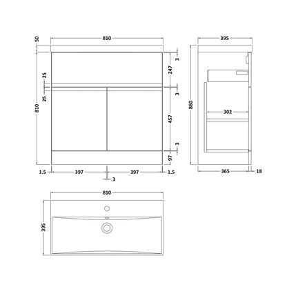 Hudson Reed Urban 800mm Floor Standing 2 Door/drawer Vanity & Basin 3 Contemp Soft Black MFC Painted Matt 860x810x395mm - JJ Building Materials