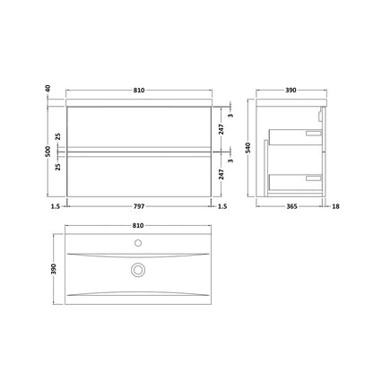 Hudson Reed Urban 800mm Wall Hung 2 Drawer Unit & Basin 1 Contemp Satin Green MFC Painted Matt 540x810x390mm - JJ Building Materials