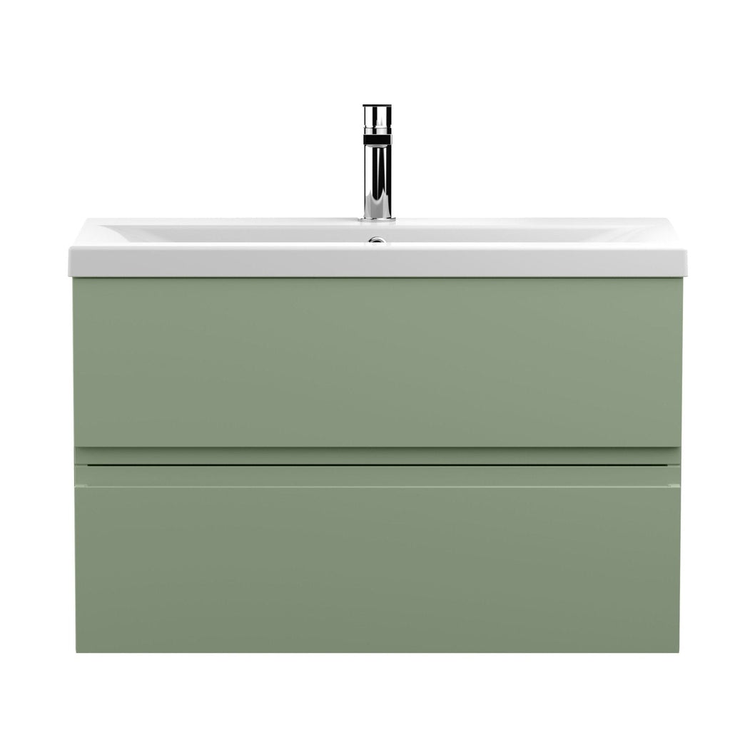 Hudson Reed Urban 800mm Wall Hung 2 Drawer Unit & Basin 1 Contemp Satin Green MFC Painted Matt 540x810x390mm - JJ Building Materials