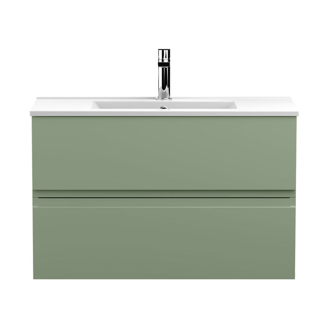 Hudson Reed Urban 800mm Wall Hung 2 Drawer Unit & Basin 2 Contemp Satin Green MFC Painted Matt 518x810x390mm - JJ Building Materials