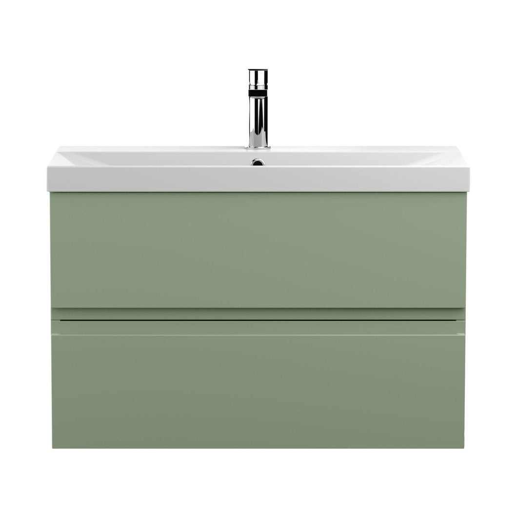 Hudson Reed Urban 800mm Wall Hung 2 Drawer Unit & Basin 3 Contemp Satin Green MFC Painted Matt 550x810x395mm - JJ Building Materials