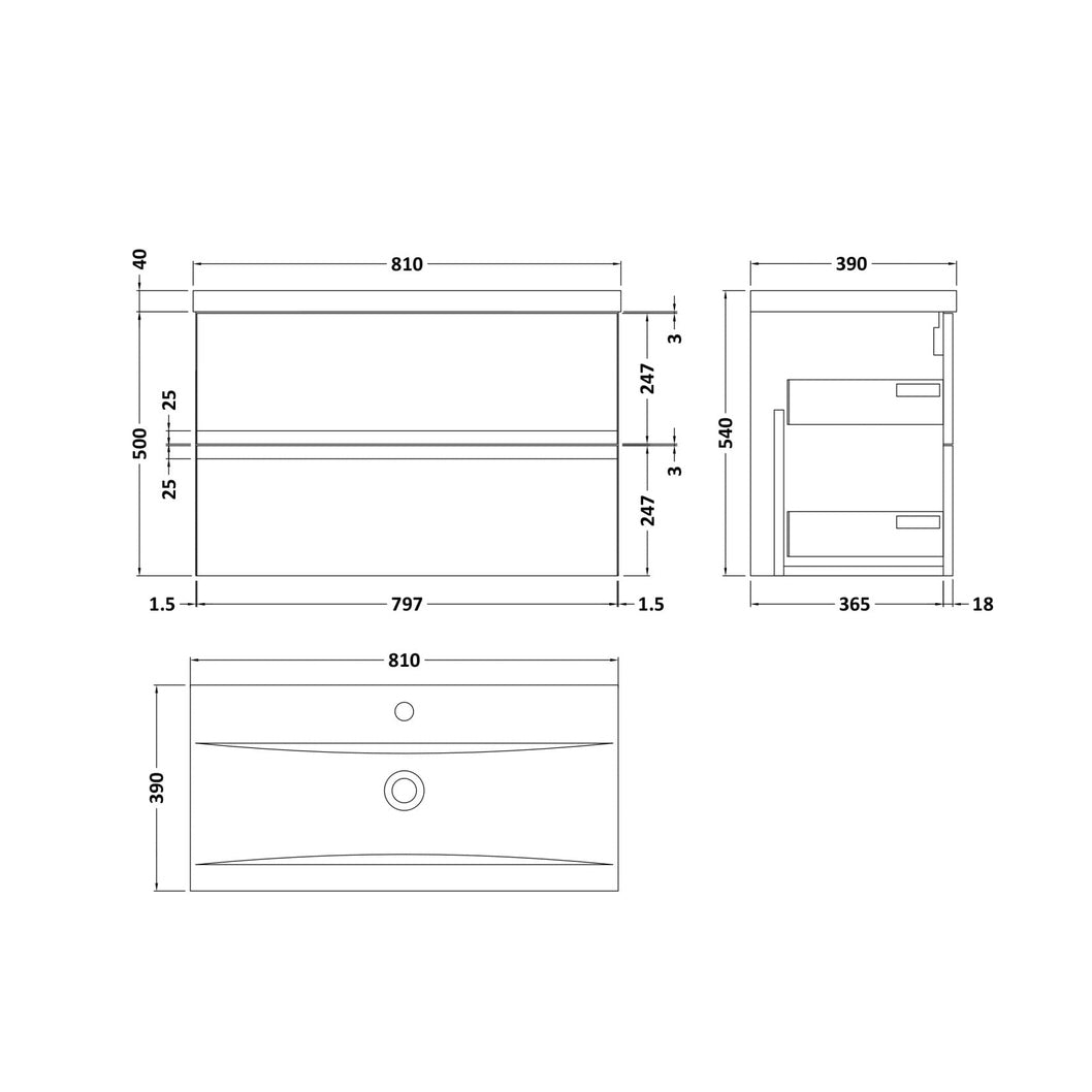 Hudson Reed Urban 800mm Wall Hung 2-drawer Vanity Unit & Basin 1 Contemp Satin Grey MFC Painted Matt 540x810x390mm - JJ Building Materials