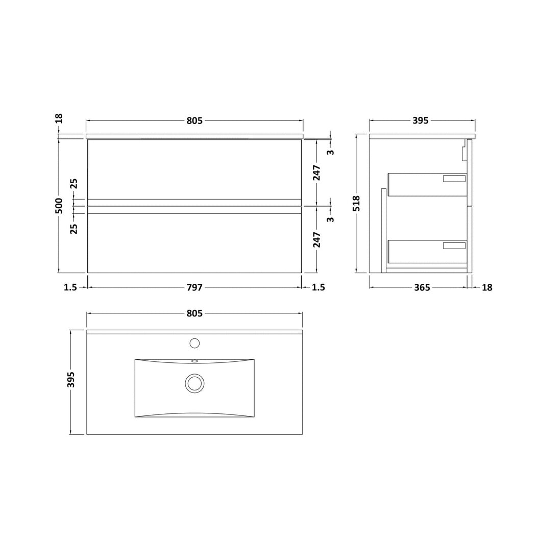 Hudson Reed Urban 800mm Wall Hung 2-drawer Vanity Unit & Basin 2 Contemp Satin Grey MFC Painted Matt 518x805x395mm - JJ Building Materials