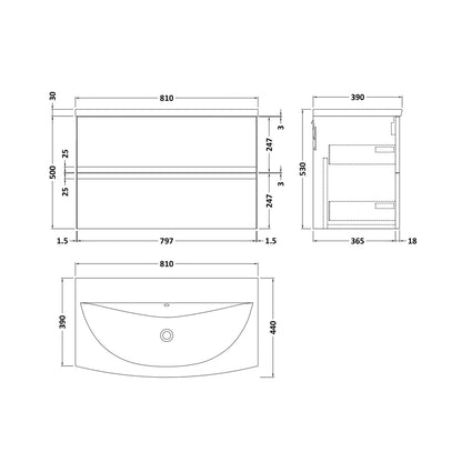 Hudson Reed Urban 800mm Wall Hung 2 Drawer Vanity Unit & Basin 4 Contemp Satin Grey MFC Painted Matt 550x810x395mm - JJ Building Materials
