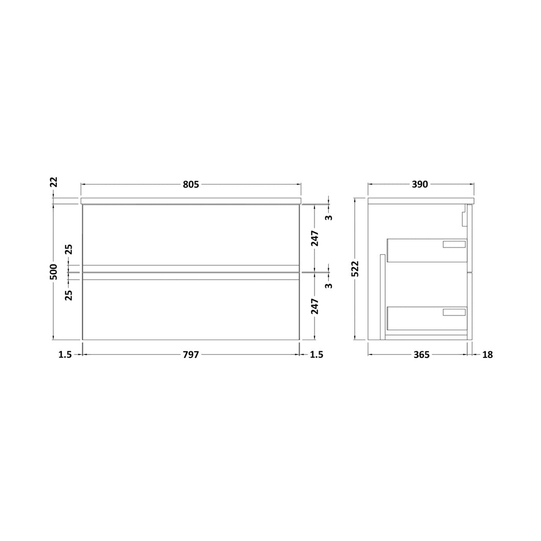 Hudson Reed Urban 800mm Wall Hung 2-drawer Vanity Unit & Laminate Worktop Contemp Satin Blue MFC Painted Matt 522x805x390mm - URB306LBG - JJ Building Materials