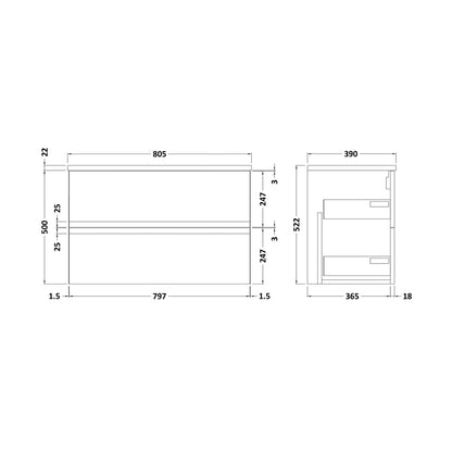 Hudson Reed Urban 800mm Wall Hung 2-drawer Vanity Unit & Laminate Worktop Contemp Satin Grey MFC Painted Matt 522x805x390mm - URB206LBG - JJ Building Materials