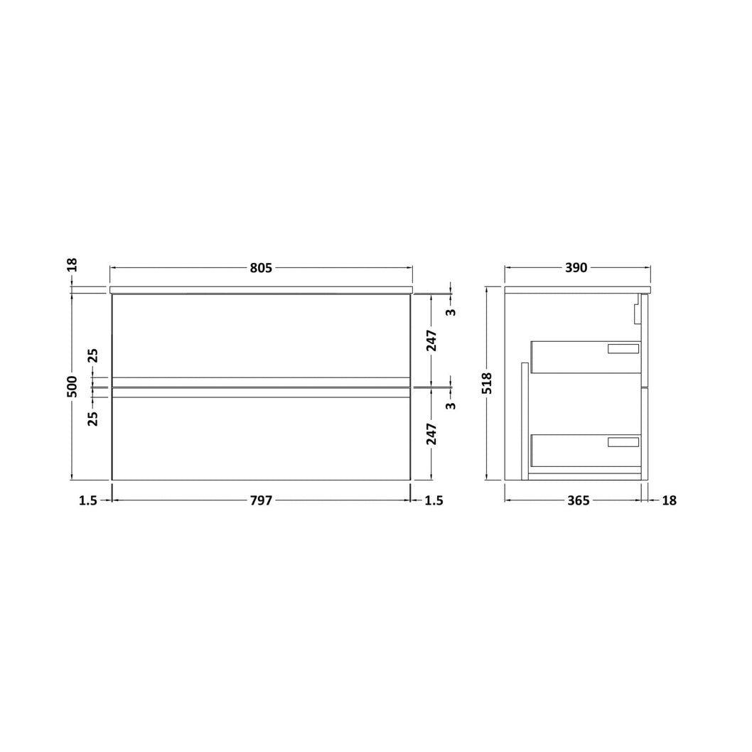 Hudson Reed Urban 800mm Wall Hung 2-drawer Vanity Unit & Worktop Contemp Satin Blue MFC Painted Matt 518x805x390mm - JJ Building Materials