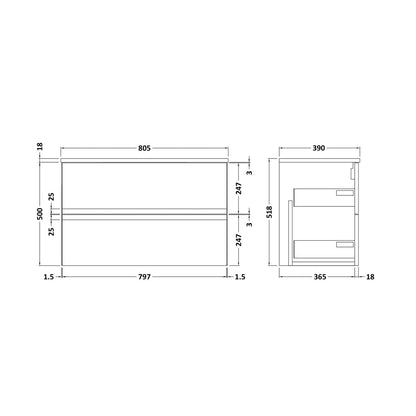 Hudson Reed Urban 800mm Wall Hung 2-drawer Vanity Unit & Worktop Contemp Satin Blue MFC Painted Matt 518x805x390mm - JJ Building Materials