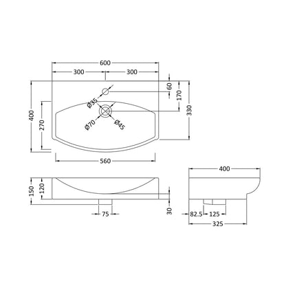 Hudson Reed Wall Hung Basins Wall Hung Vessel Contemp White Vitreous China 150x600x400mm - JJ Building Materials