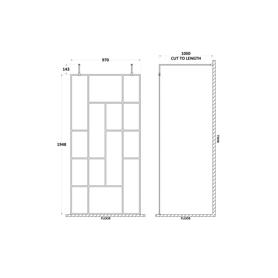 Hudson Reed Wetroom Screens 1000mm Abstract Frame Wetroom Screen With Support Bars Contemp Matt Black Aluminium 1950x1050x60mm - JJ Building Materials
