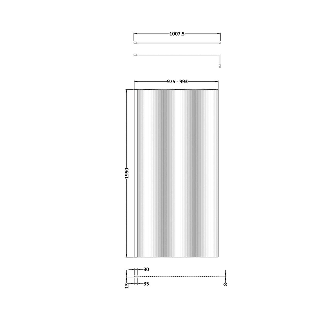 Hudson Reed Wetroom Screens 1000mm Fluted Wetroom Screen With Support Bar Contemp Brushed Brass Aluminium 2070x1050x1970mm - JJ Building Materials