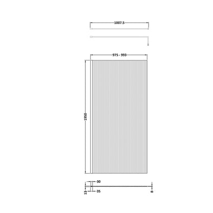 Hudson Reed Wetroom Screens 1000mm Fluted Wetroom Screen With Support Bar Contemp Chrome Aluminium 1950x1000x14mm - JJ Building Materials