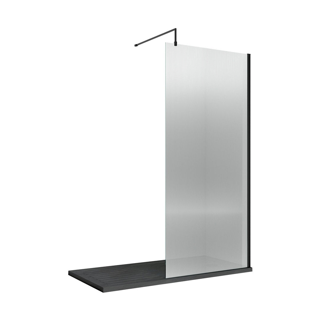 Hudson Reed Wetroom Screens 1000mm Fluted Wetroom Screen With Support Bar Contemp Matt Black Aluminium 2070x1050x1970mm - JJ Building Materials