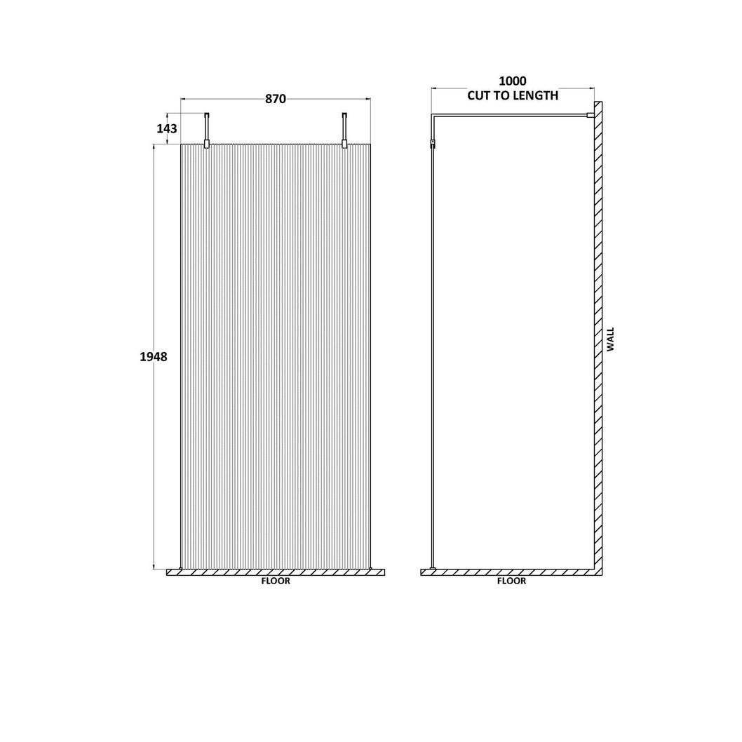Hudson Reed Wetroom Screens 1000mm Fluted Wetroom Scren With Arms & Feet Contemp Matt Black Aluminium 2070x1050x1000mm - JJ Building Materials