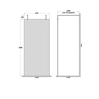 Hudson Reed Wetroom Screens 1000mm Fluted Wetroom Scren With Arms & Feet Contemp Matt Black Aluminium 2070x1050x1000mm - JJ Building Materials