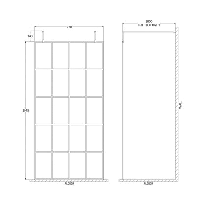 Hudson Reed Wetroom Screens 1000mm Frame Screen With Arms And Feet Contemp Matt Black Aluminium 1950x1000x14mm - JJ Building Materials