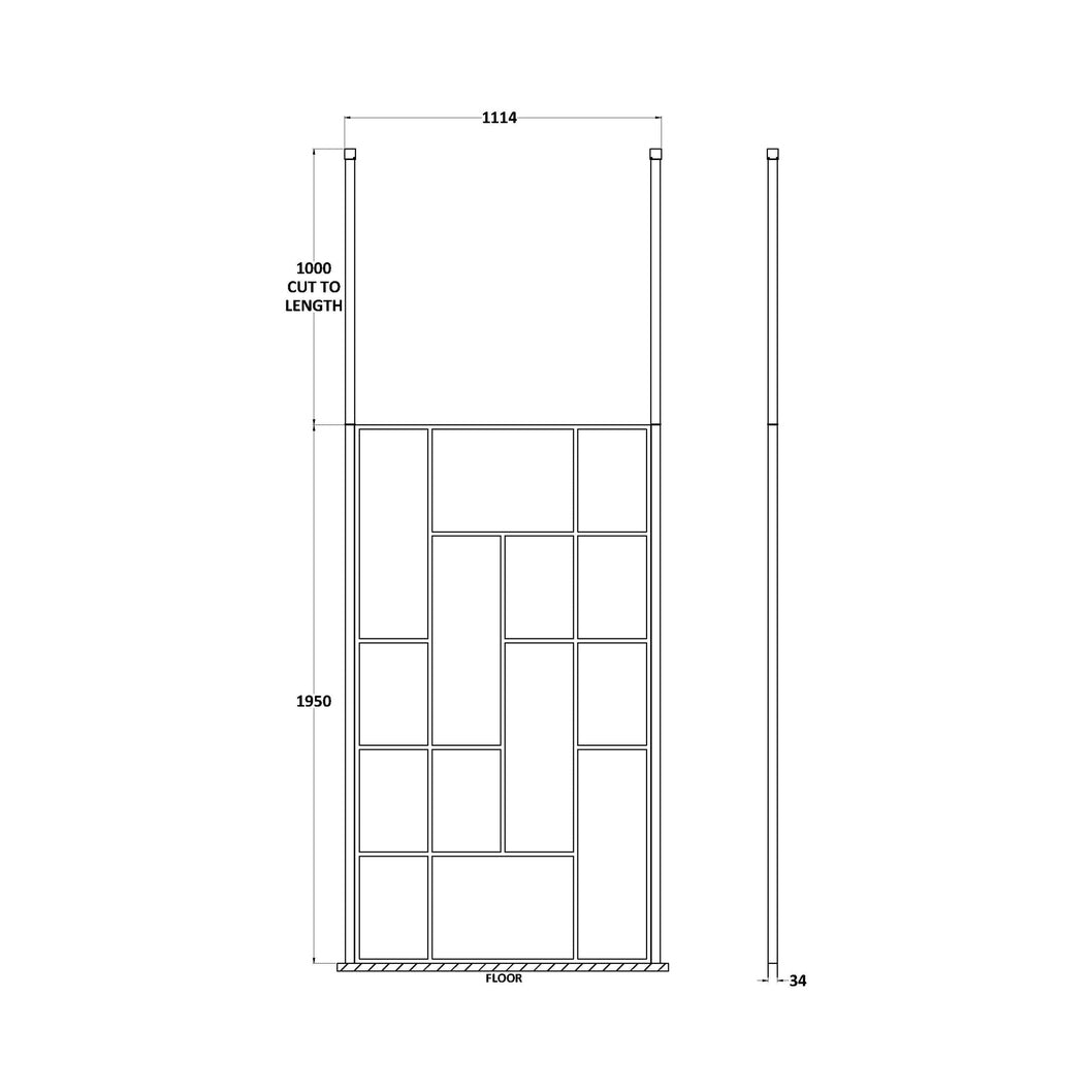 Hudson Reed Wetroom Screens 1100mm Abstract Frame Wetroom Screen With Ceiling Posts Contemp Matt Black Aluminium 1950x1150x60mm - JJ Building Materials