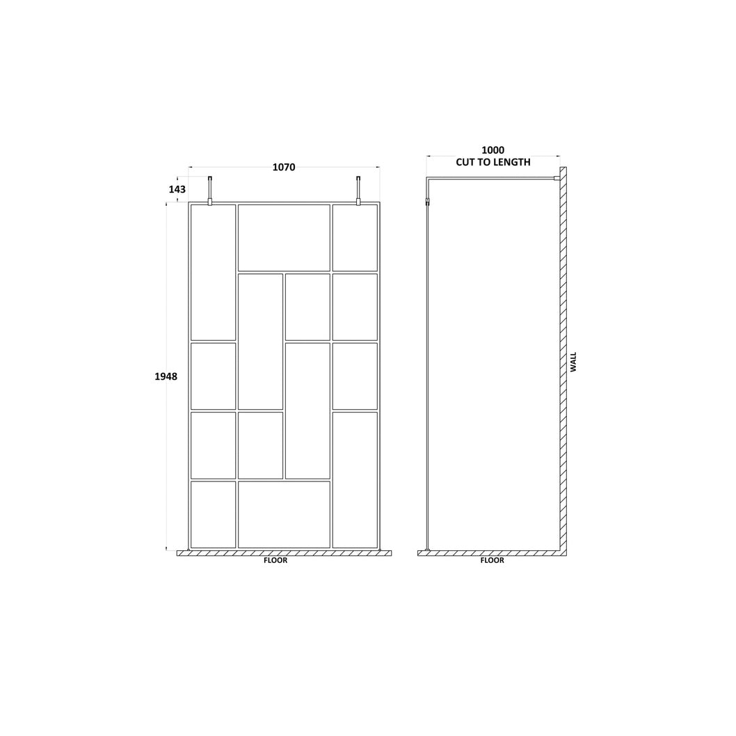 Hudson Reed Wetroom Screens 1100mm Abstract Frame Wetroom Screen With Support Bars Contemp Matt Black Aluminium 1950x1050x60mm - JJ Building Materials
