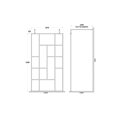 Hudson Reed Wetroom Screens 1100mm Abstract Frame Wetroom Screen With Support Bars Contemp Matt Black Aluminium 1950x1050x60mm - JJ Building Materials