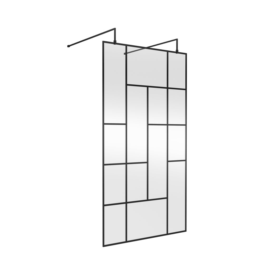 Hudson Reed Wetroom Screens 1100mm Abstract Frame Wetroom Screen With Support Bars Contemp Matt Black Aluminium 1950x1050x60mm - JJ Building Materials