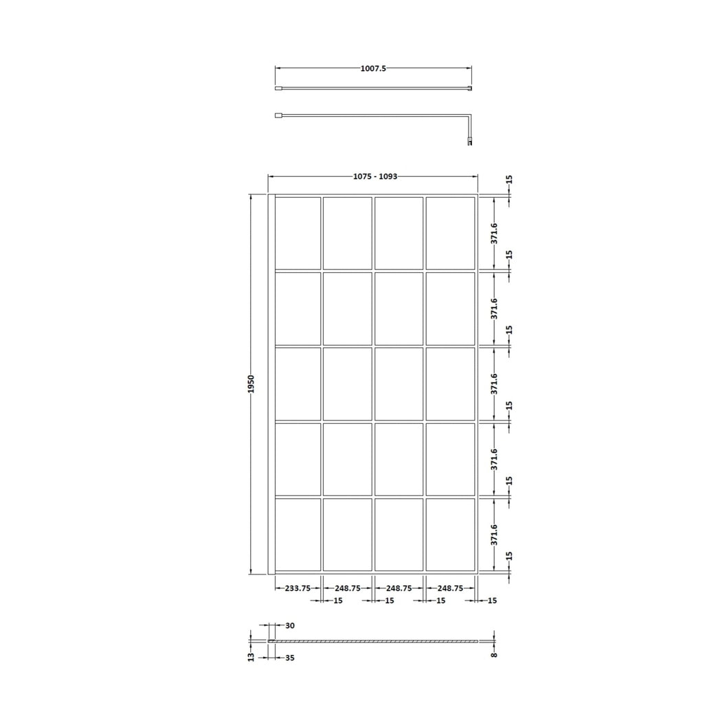 Hudson Reed Wetroom Screens 1100mm Framed Wetroom Screen Contemp Matt Black Aluminium 1950x1100x14mm - JJ Building Materials