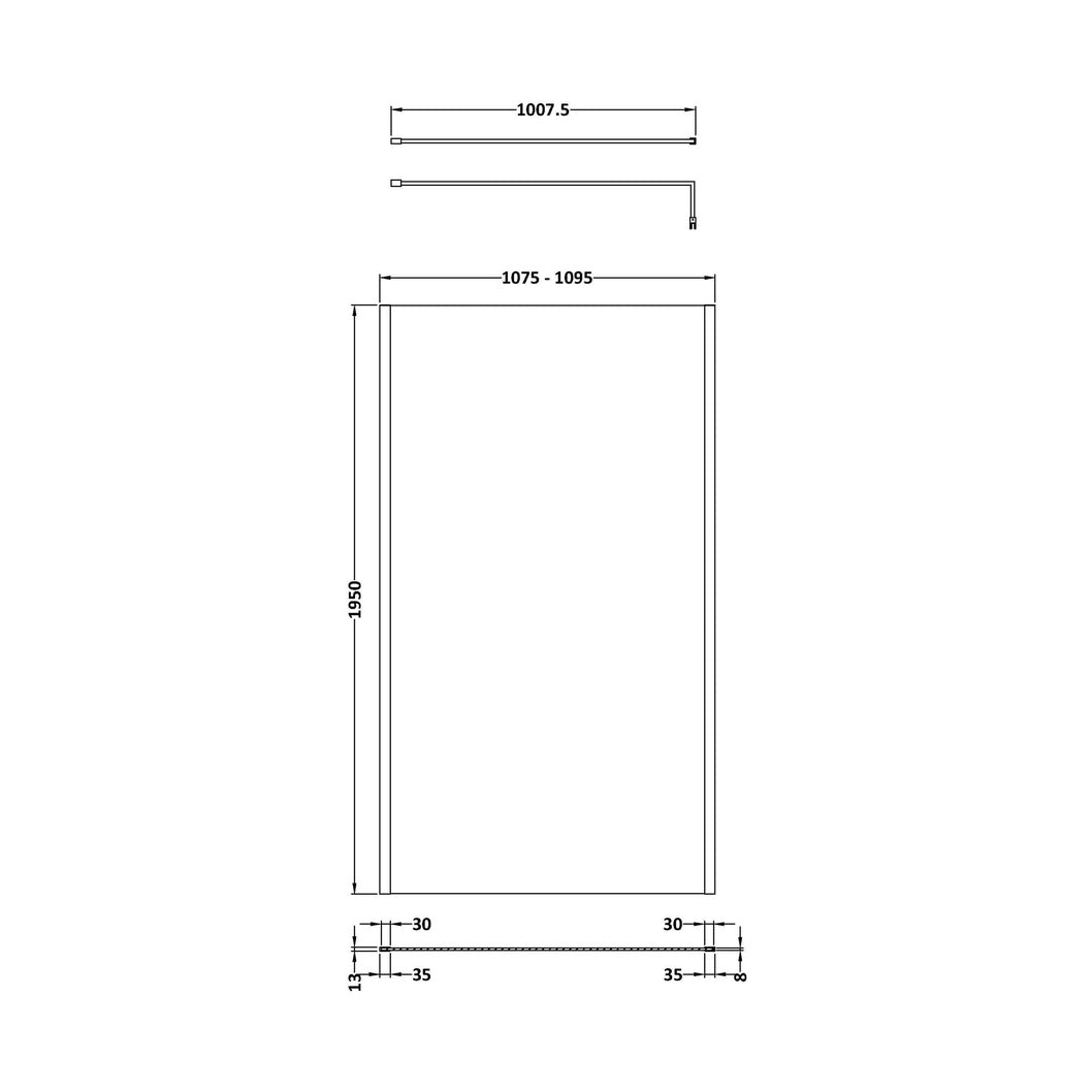 Hudson Reed Wetroom Screens 1100mm Outer Framed Wetroom Screen With Support Bar Contemp Matt Black Aluminium 1950x1100x14mm - JJ Building Materials