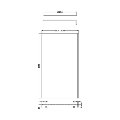 Hudson Reed Wetroom Screens 1100mm Outer Framed Wetroom Screen With Support Bar Contemp Matt Black Aluminium 1950x1100x14mm - JJ Building Materials