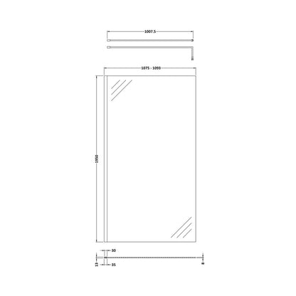 Hudson Reed Wetroom Screens 1100mm Wetroom Screen & Support Bar Contemp Chrome Aluminium 1950x1100x14mm - JJ Building Materials