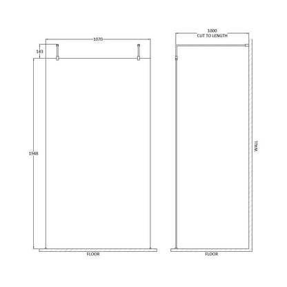 Hudson Reed Wetroom Screens 1100mm Wetroom Screen With Arms And Feet Contemp Brushed Brass Aluminium 1950x1100x14mm - JJ Building Materials