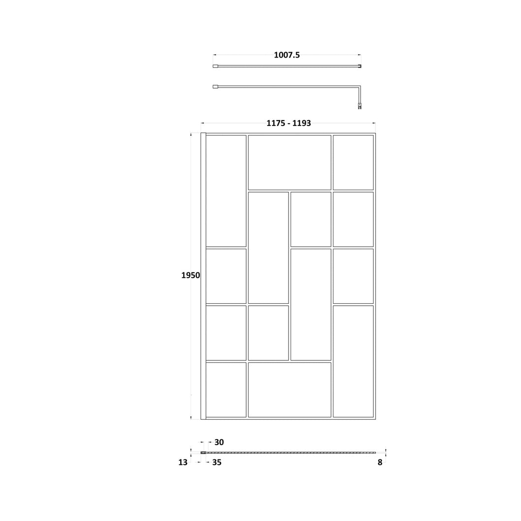 Hudson Reed Wetroom Screens 1200mm Abstract Frame Wetroom Screen Contemp Matt Black Aluminium 1950x1200x14mm - JJ Building Materials